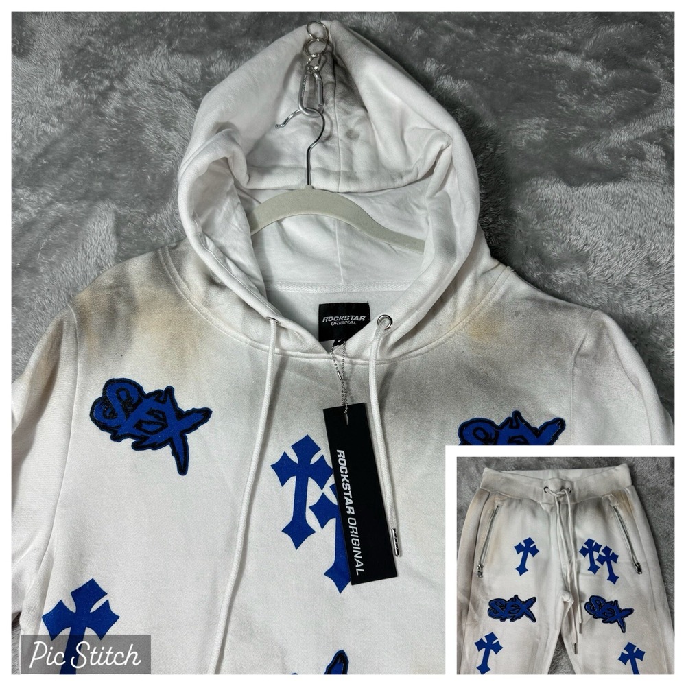 Rockstar Original Sweat Suit‎ Mens S White Hoodie Pants Cross Spray Paint Retro